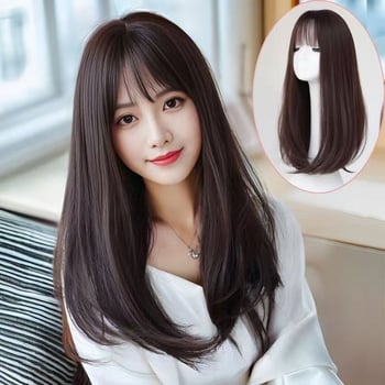 Perika za žene, srednje duljine do ključne kosti, zračne i bočne fringe, duga ravna kosa