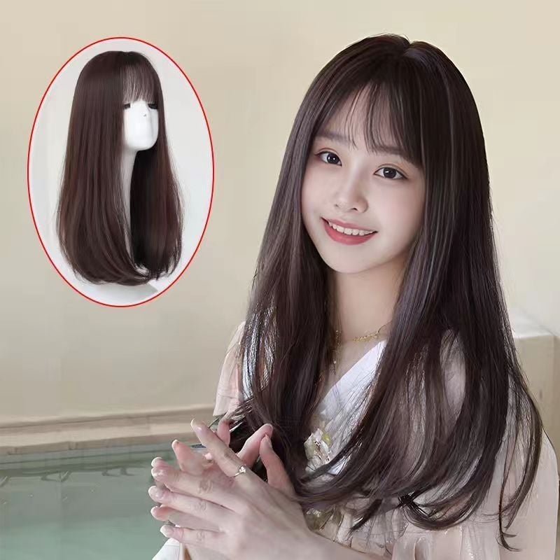 Perika za žene, srednje duljine do ključne kosti, zračne i bočne fringe, duga ravna kosa