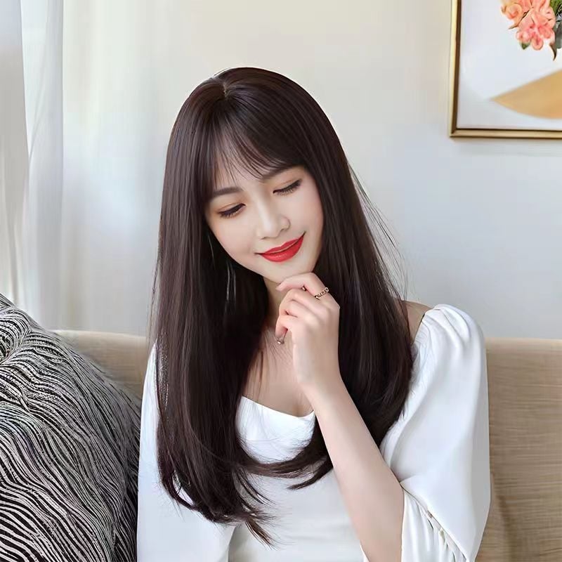 Perika za žene, srednje duljine do ključne kosti, zračne i bočne fringe, duga ravna kosa