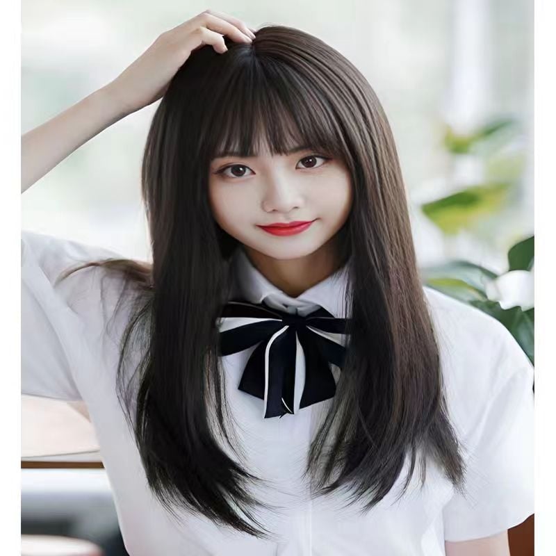 Perika za žene, srednje duljine do ključne kosti, zračne i bočne fringe, duga ravna kosa