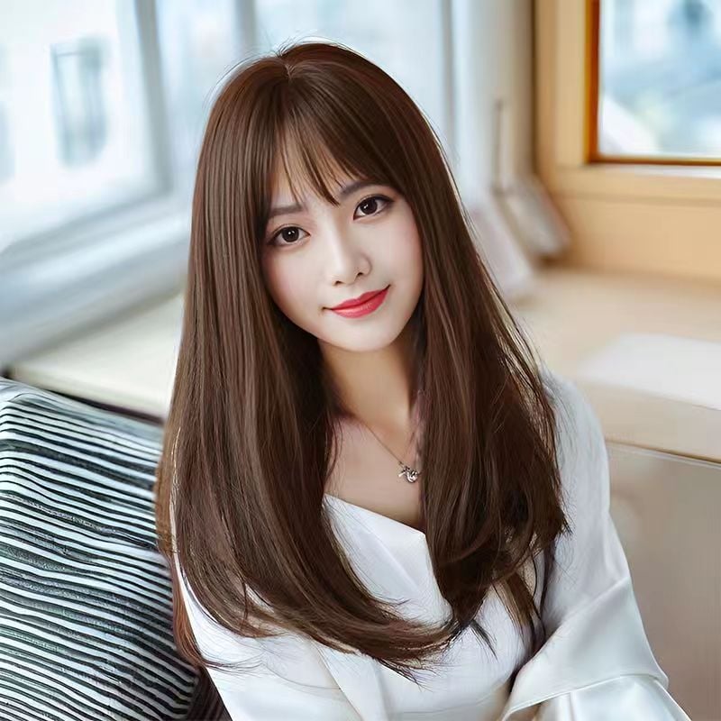 Perika za žene, srednje duljine do ključne kosti, zračne i bočne fringe, duga ravna kosa