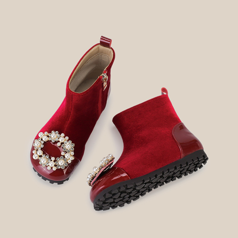 Ghete de iarnă pentru fete, cu partea superioară din super fibră, căptușeală din blană artificială, talpă din cauciuc, fermoar lateral, înălime joasă a gleznelor