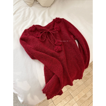 Senna ženski pulover s V-izrezom i vezicama, pleteni top s kapuljom, poliester-bavlna smjesa, dugi rukav, zima 2025