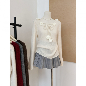 Senna ženski pulover s V-izrezom i vezicama, pleteni top s kapuljom, poliester-bavlna smjesa, dugi rukav, zima 2025