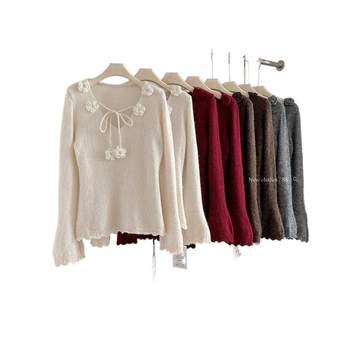 Senna ženski pulover s V-izrezom i vezicama, pleteni top s kapuljom, poliester-bavlna smjesa, dugi rukav, zima 2025