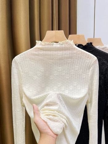 Ženska čipkasta baza bluza s polu-visokim ovratnikom, dugi rukavi, jesen-zima, elegantan gradski stil