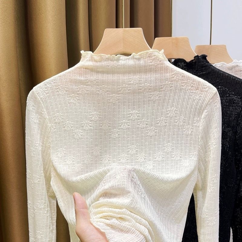 Ženska čipkasta baza bluza s polu-visokim ovratnikom, dugi rukavi, jesen-zima, elegantan gradski stil