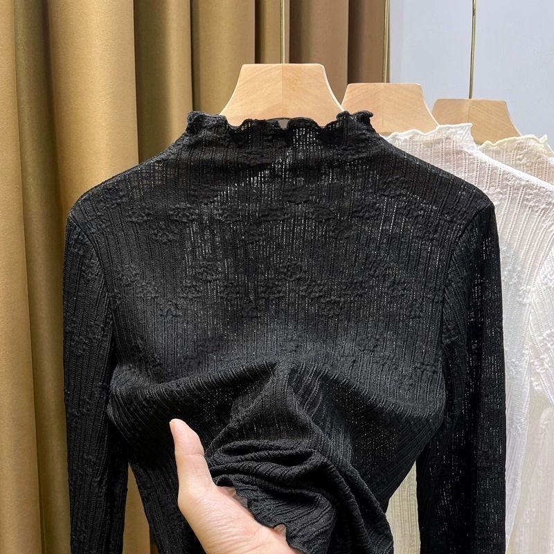 Ženska čipkasta baza bluza s polu-visokim ovratnikom, dugi rukavi, jesen-zima, elegantan gradski stil