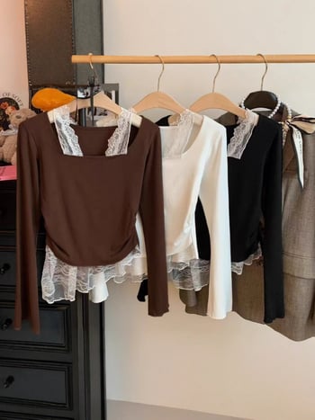 Top s čipkom i patchworkom, lažni dvodijelni set, dugi rukavi, T-shirt od pamuka-elastana, uski kroj