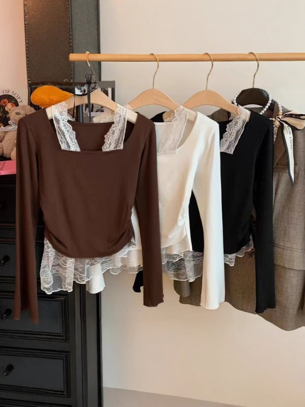 Top s čipkom i patchworkom, lažni dvodijelni set, dugi rukavi, T-shirt od pamuka-elastana, uski kroj