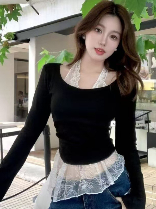 Top s čipkom i patchworkom, lažni dvodijelni set, dugi rukavi, T-shirt od pamuka-elastana, uski kroj