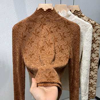 Top de damă din dantelă, guler semiînalt, din nailon, croială slim, mâneci lungi, model cu plasă, toamnă 2024