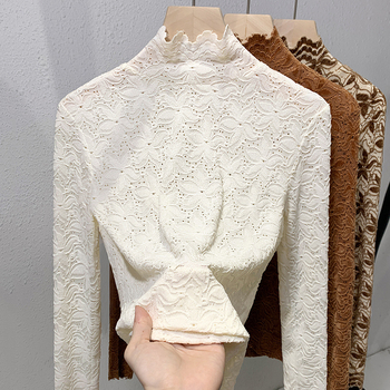 Top de damă din dantelă, guler semiînalt, din nailon, croială slim, mâneci lungi, model cu plasă, toamnă 2024