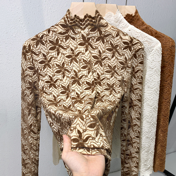 Top de damă din dantelă, guler semiînalt, din nailon, croială slim, mâneci lungi, model cu plasă, toamnă 2024