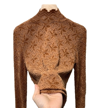 Top de damă din dantelă, guler semiînalt, din nailon, croială slim, mâneci lungi, model cu plasă, toamnă 2024