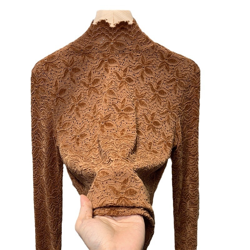 Top de damă din dantelă, guler semiînalt, din nailon, croială slim, mâneci lungi, model cu plasă, toamnă 2024