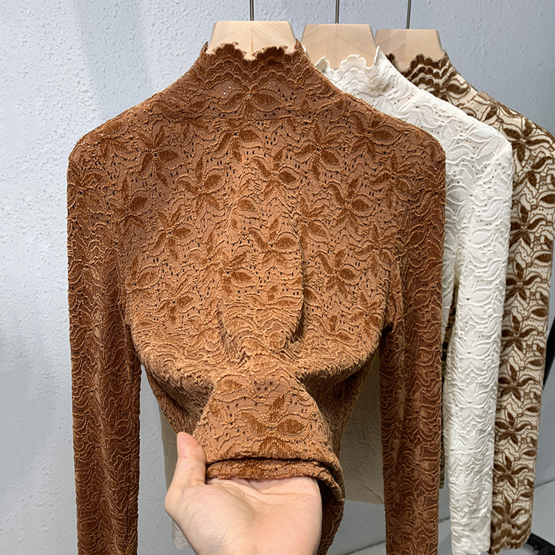 Top de damă din dantelă, guler semiînalt, din nailon, croială slim, mâneci lungi, model cu plasă, toamnă 2024