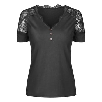 T-shirt s V-izrezom i čipkom, kratki rukavi, slim fit, poliester 95%+
