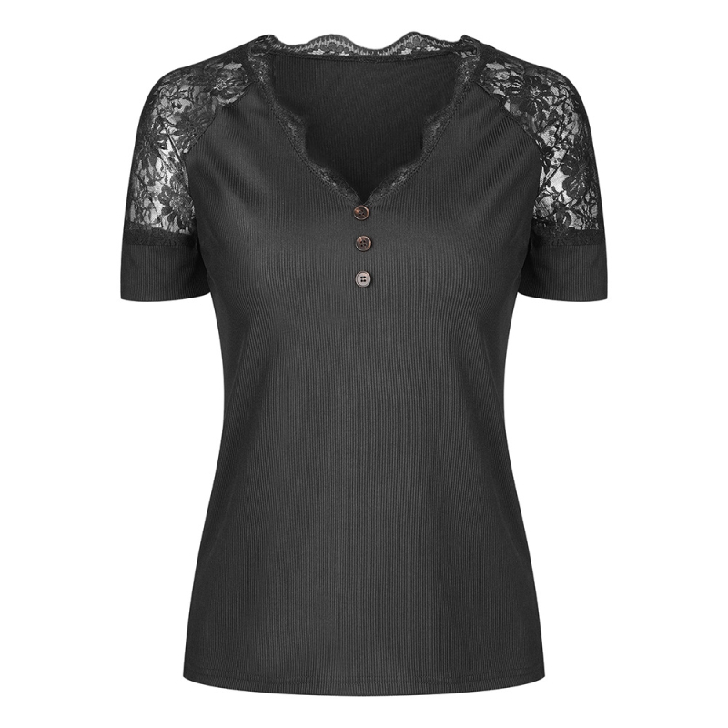 T-shirt s V-izrezom i čipkom, kratki rukavi, slim fit, poliester 95%+