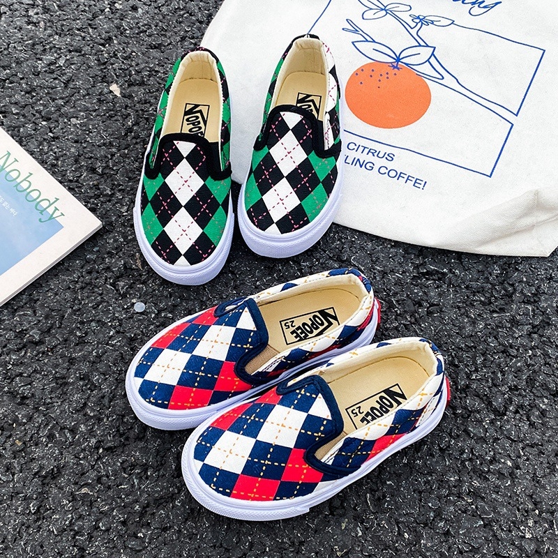 Pantofi de copii din pânză cu model în carouri, talpă joasă, stil coreean