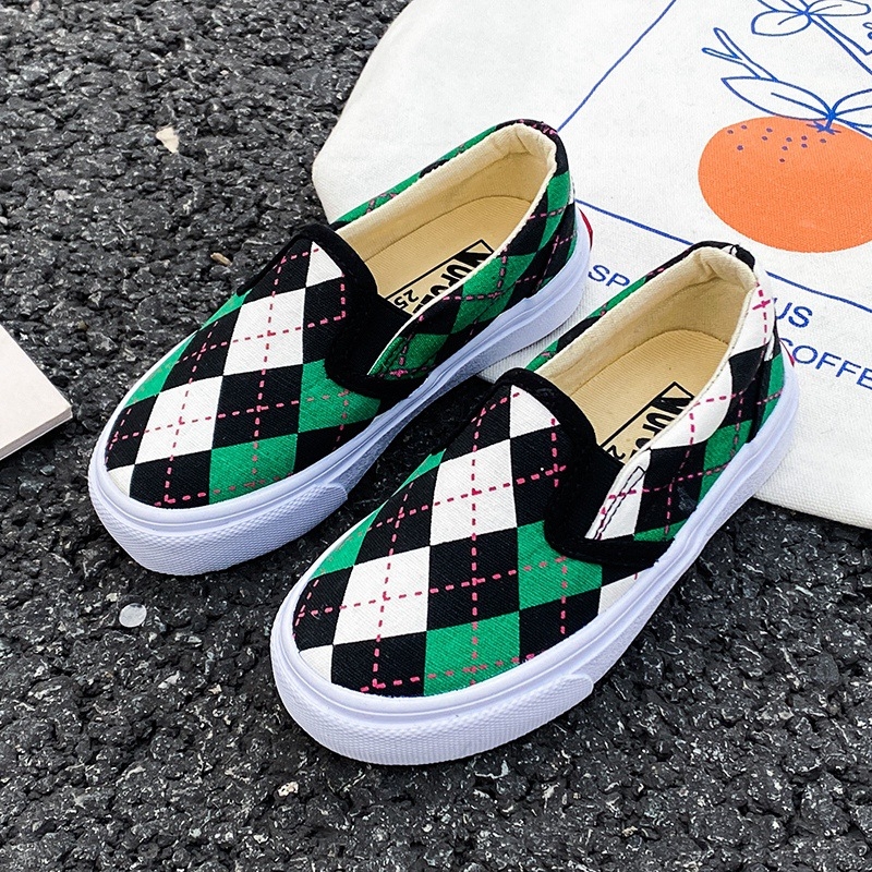 Pantofi de copii din pânză cu model în carouri, talpă joasă, stil coreean