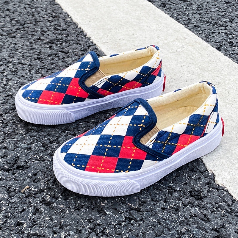 Pantofi de copii din pânză cu model în carouri, talpă joasă, stil coreean