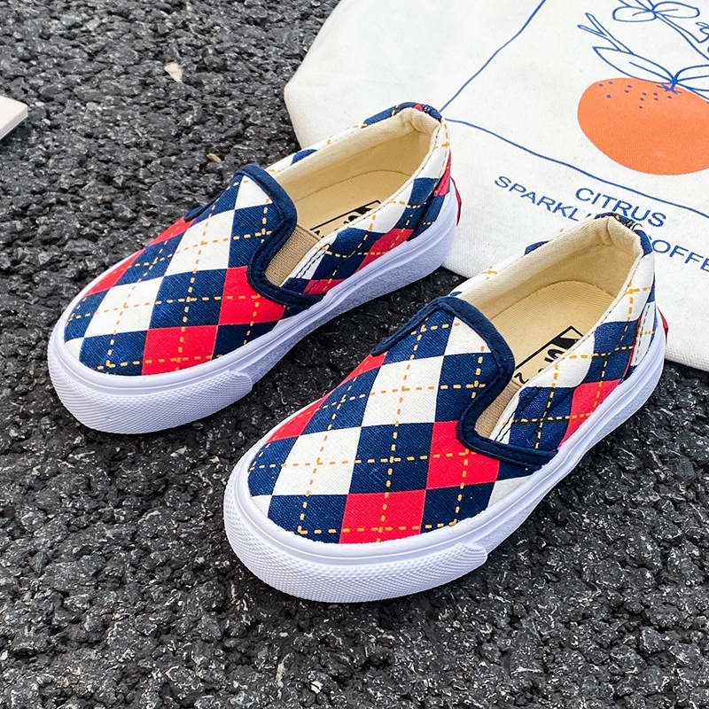 Pantofi de copii din pânză cu model în carouri, talpă joasă, stil coreean