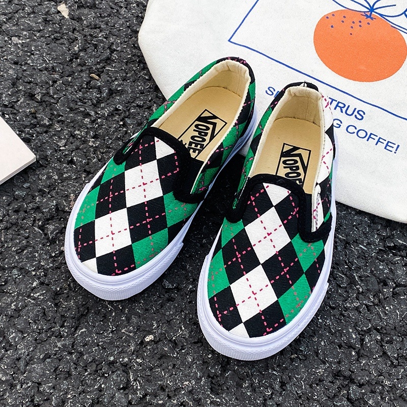 Pantofi de copii din pânză cu model în carouri, talpă joasă, stil coreean