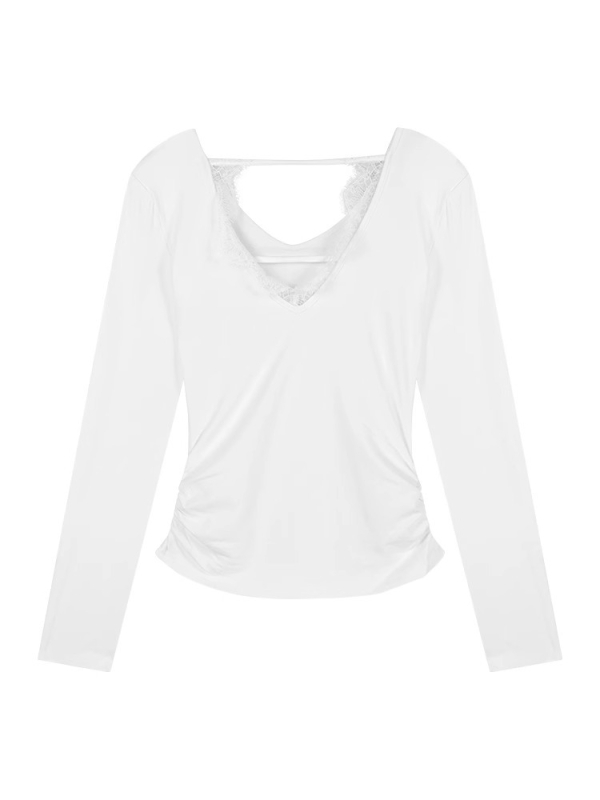 T-Shirt s čipkastim umetkom, V-izrezom, dugi rukavi, otvorena leđa