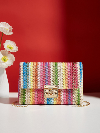 Geantă crossbody din paie, stil street, formă pătrată orizontală, închidere cu lacăt, buzunar pentru telefon