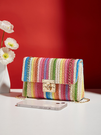 Geantă crossbody din paie, stil street, formă pătrată orizontală, închidere cu lacăt, buzunar pentru telefon