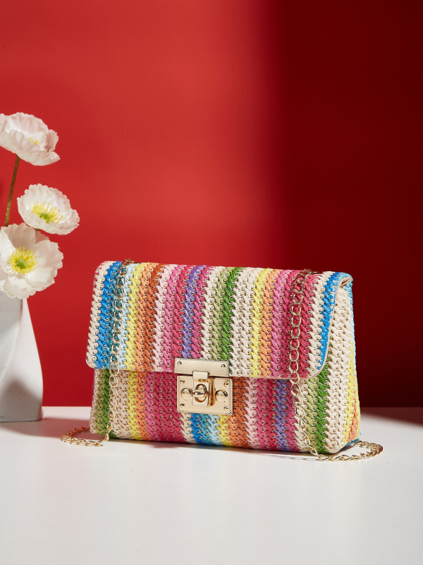 Geantă crossbody din paie, stil street, formă pătrată orizontală, închidere cu lacăt, buzunar pentru telefon