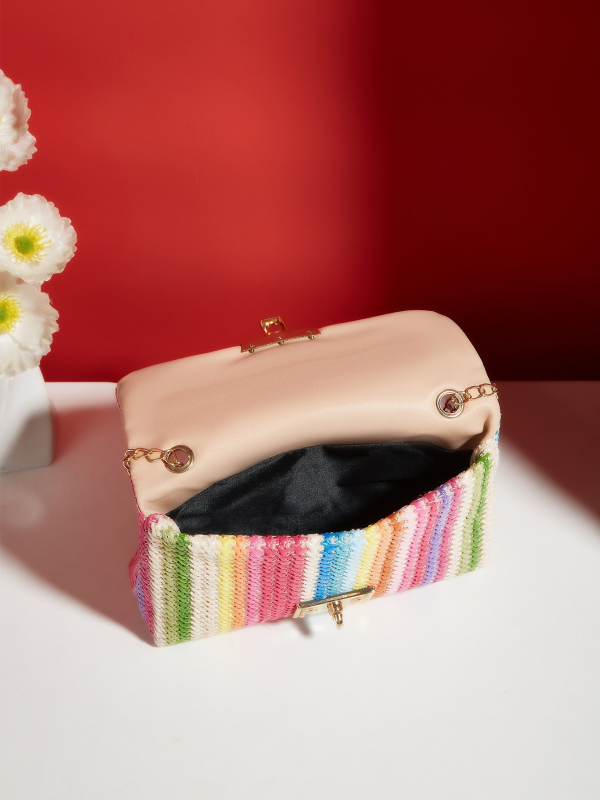 Geantă crossbody din paie, stil street, formă pătrată orizontală, închidere cu lacăt, buzunar pentru telefon