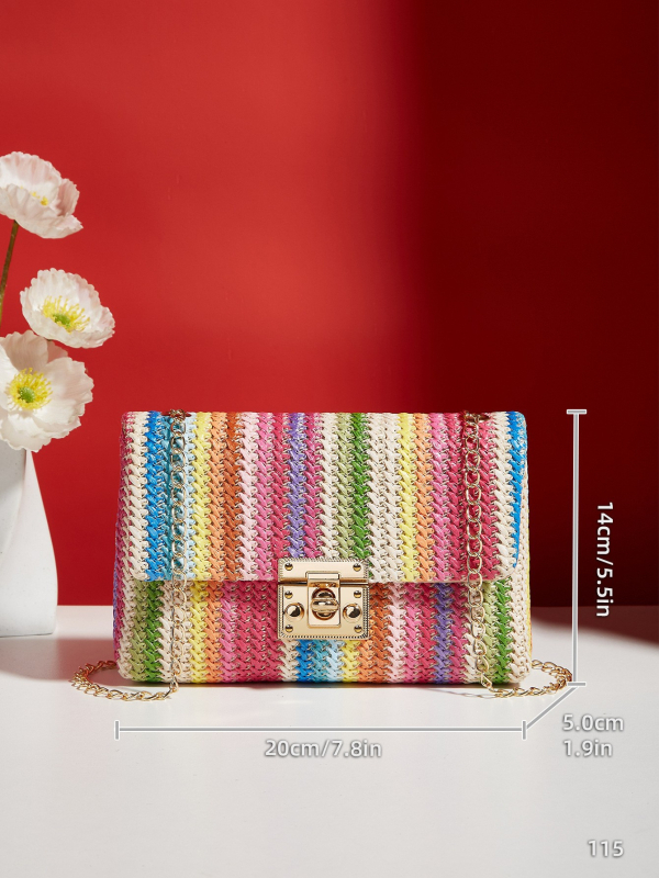 Geantă crossbody din paie, stil street, formă pătrată orizontală, închidere cu lacăt, buzunar pentru telefon