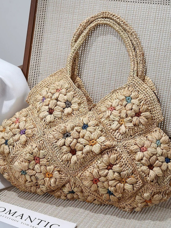 Geantă tote din rafia, împletită, formă de inimă, deschidere sus, buzunar interior pentru ID (rafia; împletită; formă de inimă; deschidere sus; buzunar interior pentru ID)