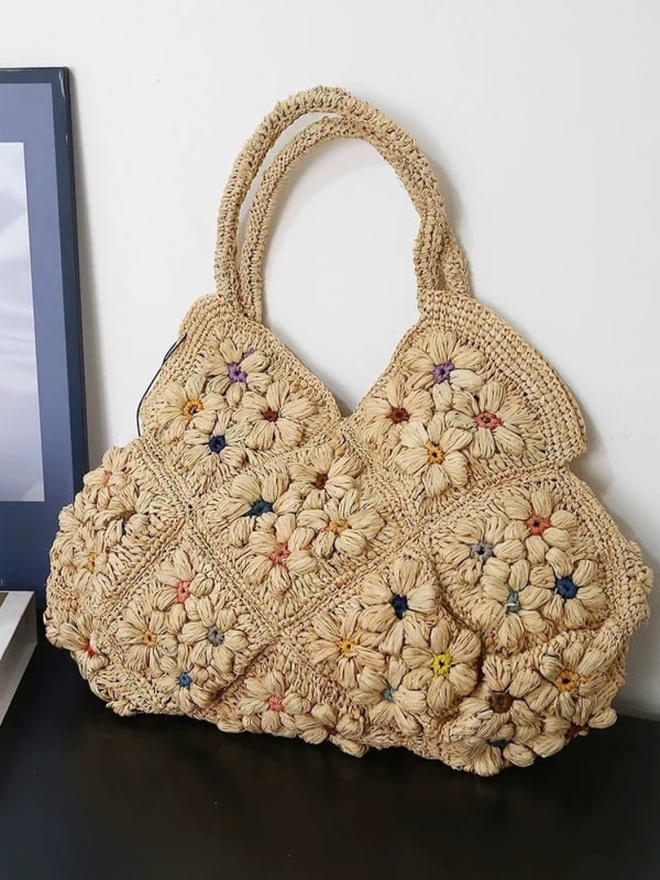 Geantă tote din rafia, împletită, formă de inimă, deschidere sus, buzunar interior pentru ID (rafia; împletită; formă de inimă; deschidere sus; buzunar interior pentru ID)