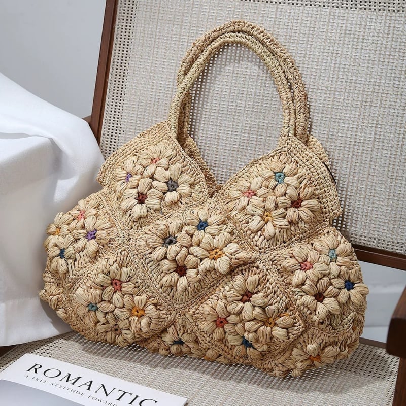 Geantă tote din rafia, împletită, formă de inimă, deschidere sus, buzunar interior pentru ID (rafia; împletită; formă de inimă; deschidere sus; buzunar interior pentru ID)