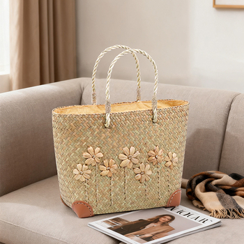 Szalma strand táska utazáshoz, függőleges négyzet alakú forma, cipzáras zseb és dokumentum zseb, nylon bélés