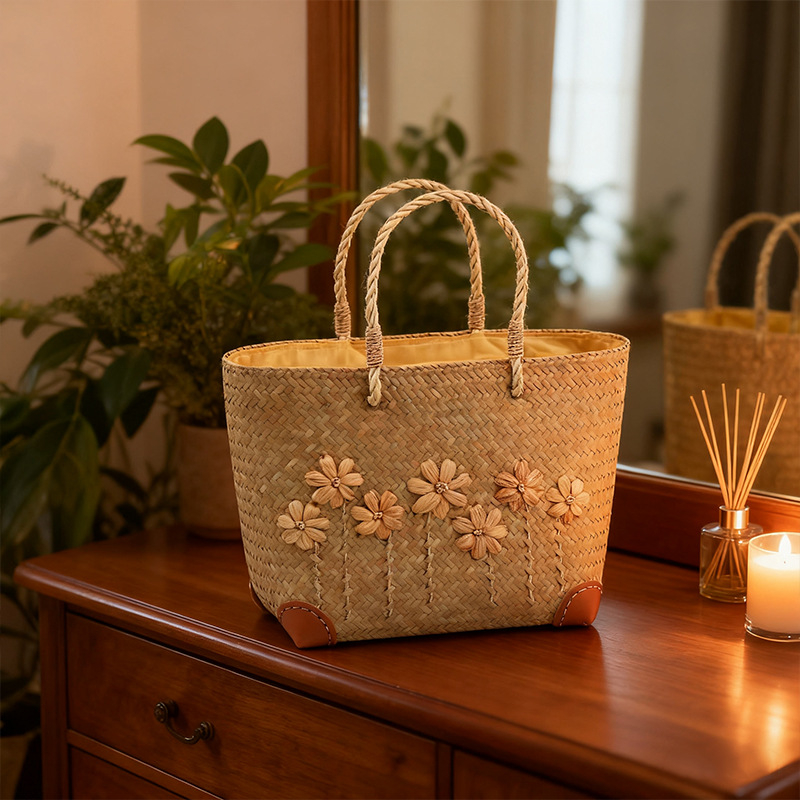 Szalma strand táska utazáshoz, függőleges négyzet alakú forma, cipzáras zseb és dokumentum zseb, nylon bélés