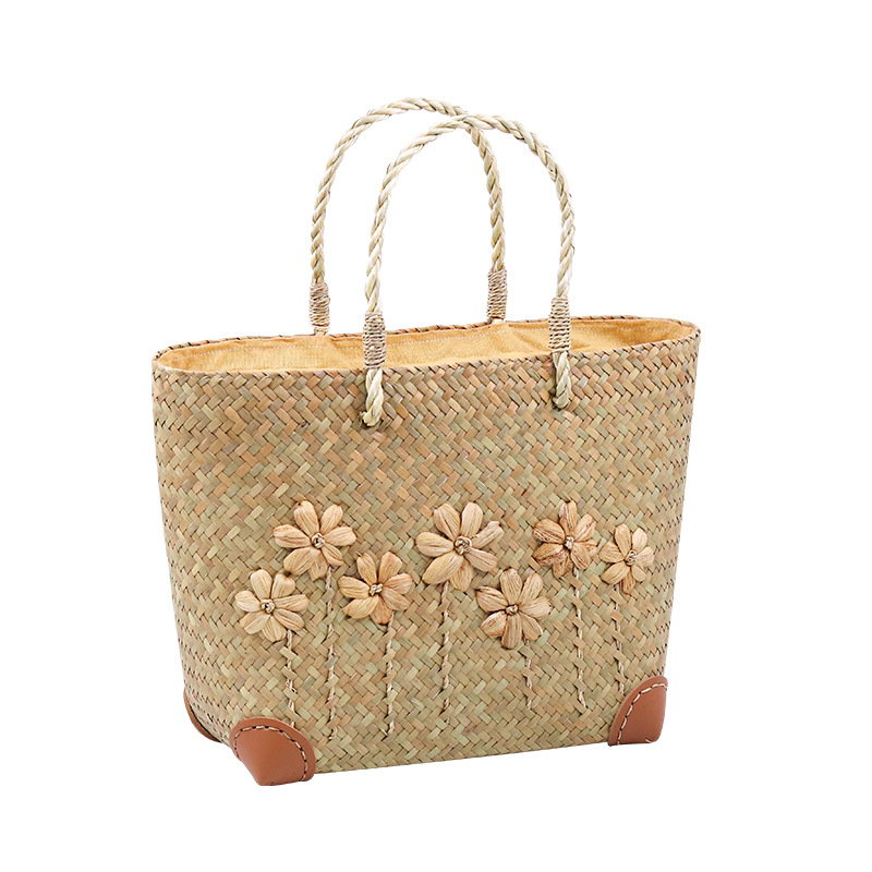 Szalma strand táska utazáshoz, függőleges négyzet alakú forma, cipzáras zseb és dokumentum zseb, nylon bélés