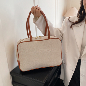 Női szövött tote táska – Szabadidős utazási stílus, Anyag: szalma, Horizontális négyzet alakú, Cipzáras nyitás, Laminált belső zseb cipzárral