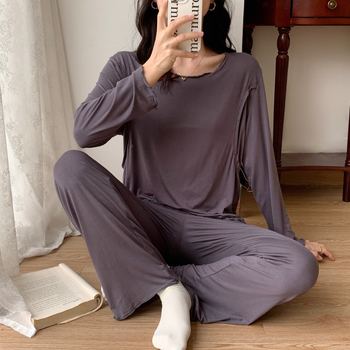 Set de pijamale lactație din Modal | top cu mânecă lungă, acces pentru alăptare, pantaloni, material simplu