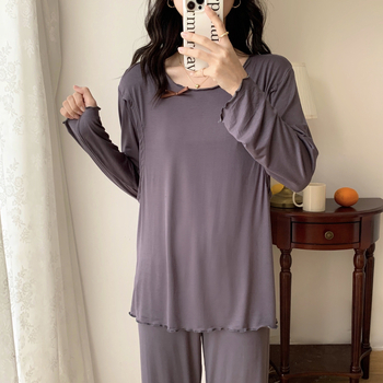 Set de pijamale lactație din Modal | top cu mânecă lungă, acces pentru alăptare, pantaloni, material simplu