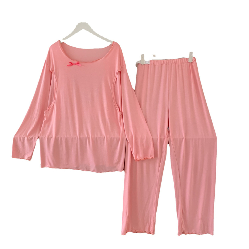 Set de pijamale lactație din Modal | top cu mânecă lungă, acces pentru alăptare, pantaloni, material simplu