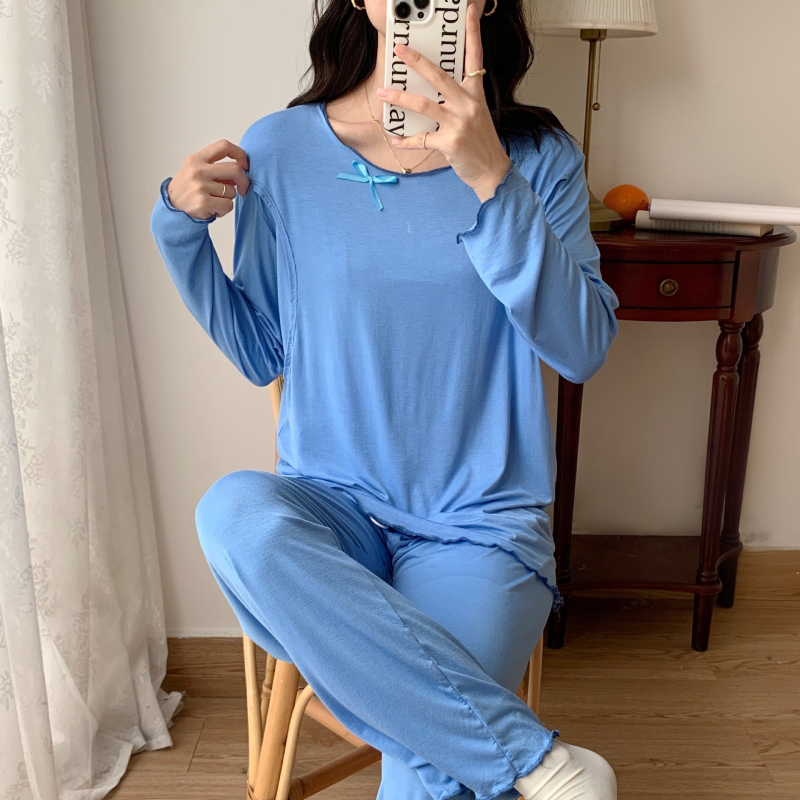 Set de pijamale lactație din Modal | top cu mânecă lungă, acces pentru alăptare, pantaloni, material simplu