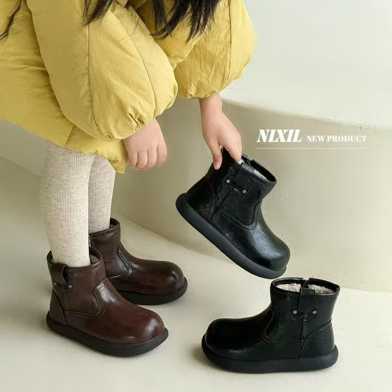 Ghete Martin de iarnă pentru copii, unisex, până la jumătatea gambei – partea superioară din piele microfibra, talpă din cauciuc, fermoar lateral, talpă groasă, căptușeală din blană artificială