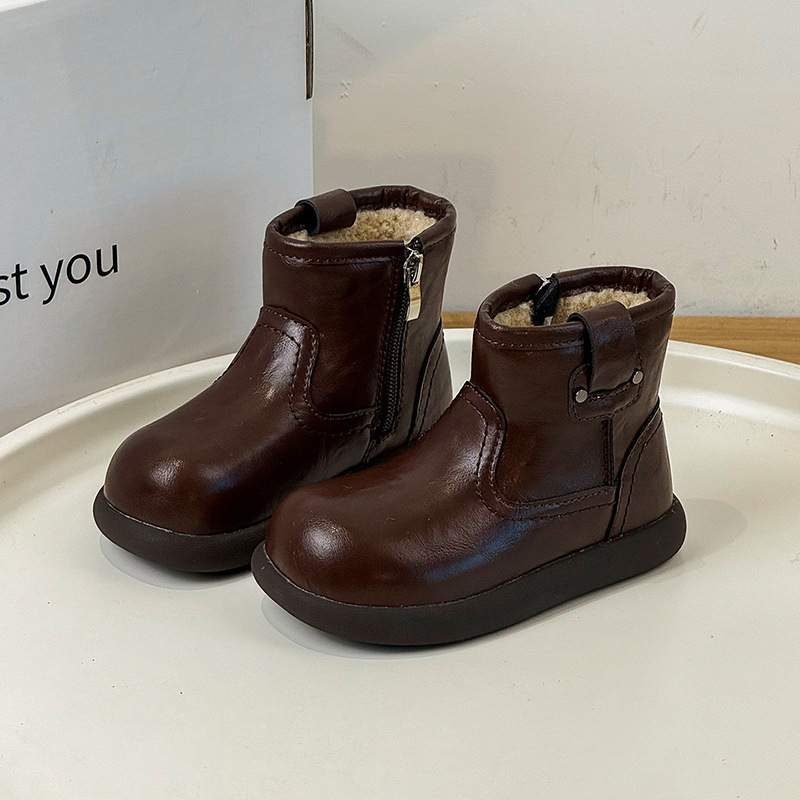 Ghete Martin de iarnă pentru copii, unisex, până la jumătatea gambei – partea superioară din piele microfibra, talpă din cauciuc, fermoar lateral, talpă groasă, căptușeală din blană artificială