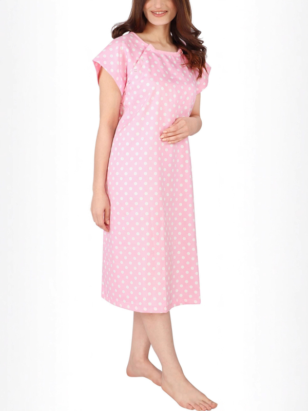 Materninska haljina za dojenje s floralnim uzorkom s točkicama, midi duljina, okrugli izrez, raglan rukavi, elastični poliester