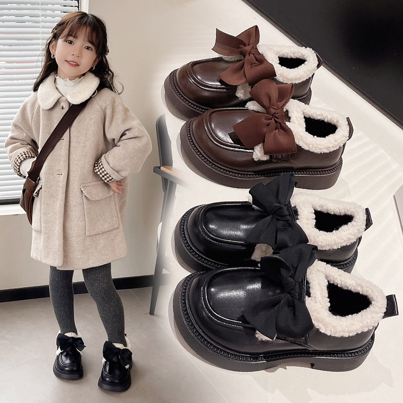 Lányoknak koreai stílusú műbőr csizma fleece béléssel, Velcro-zár, vastag gumitalp