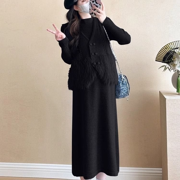 Kismamáknak: őszi-téli két részes szett, kötött ruha mellénnyel, hosszú ujjú, Air Cotton anyag, rövid szoknya, japán-koreai casual stílus, nyomtatás és festés